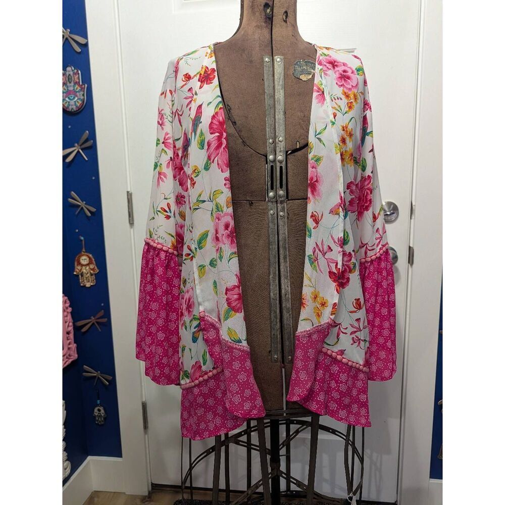 Pioneer Woman Pink Flounce Sleeve Topper Chinoserie Birds Boho Kimono L/XL NWT - Picture 6 of 15